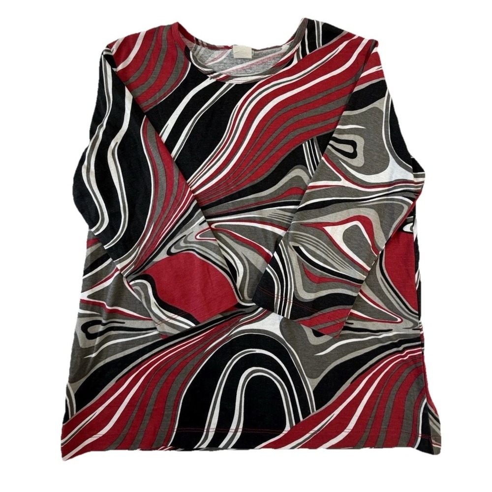 Sara Morgan Woman's Shirt‎ Size Large 3/4 Sleeve Blouse Top Abstract Red Black